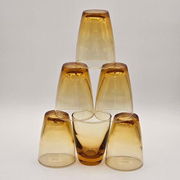 Libbey Amber Glass Tumblers Set Of 6 Vintage Golden Wave MCM Barware - Picture 2 of 7